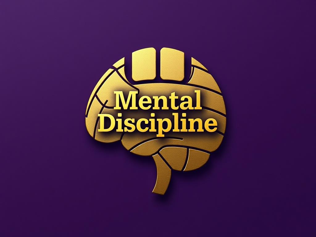 Create a realistic high-resolution image featuring a dark purple solid background. In the center, include a gold silhouette of a brain shaped like a volleyball, with the words 'Mental Discipline' elegantly displayed in gold letters. The composition should be simple and clear, with the silhouette and text prominently featured against the background.