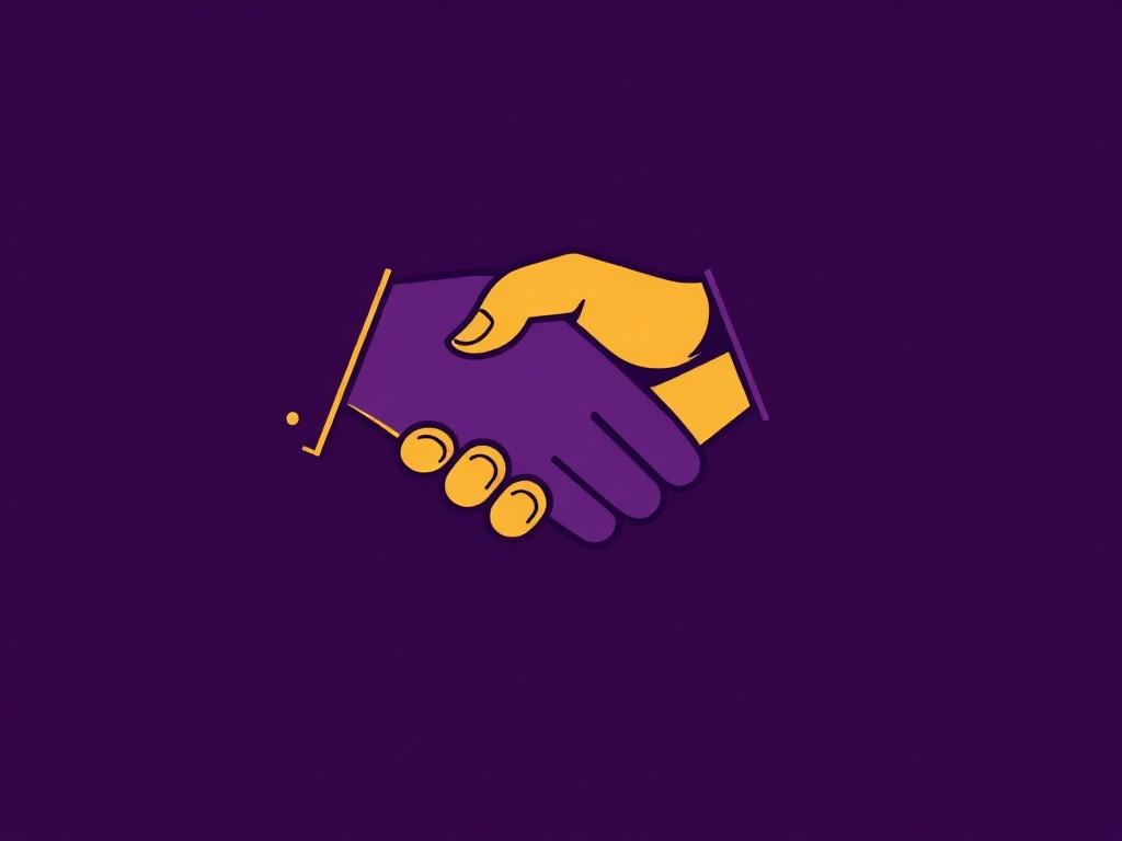 A high-quality illustration of a gold and purple handshake symbolizing trust, set against a dark purple background. The handshake should be prominent and centrally positioned, conveying a sense of partnership and reliability. The design should be clean, with crisp black line drawings, ensuring the handshake is easily recognizable and the contrast with the dark purple background enhances its visibility.