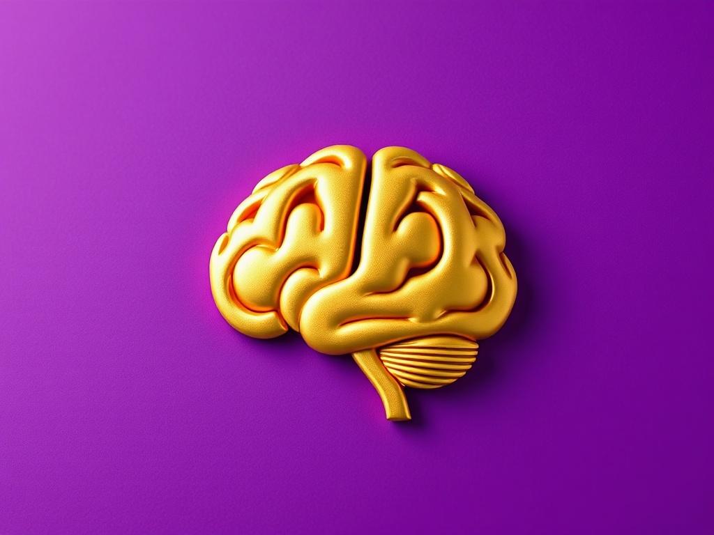 Create a realistic high-resolution photo of a gold brain silhouette emoji on a vibrant purple background. The composition should be simple and clear, with the gold brain silhouette prominently displayed in the center of the image. The purple background should be rich and deep, enhancing the golden tones of the brain silhouette. The overall feel should be modern and eye-catching, suitable for a creative and innovative context.
