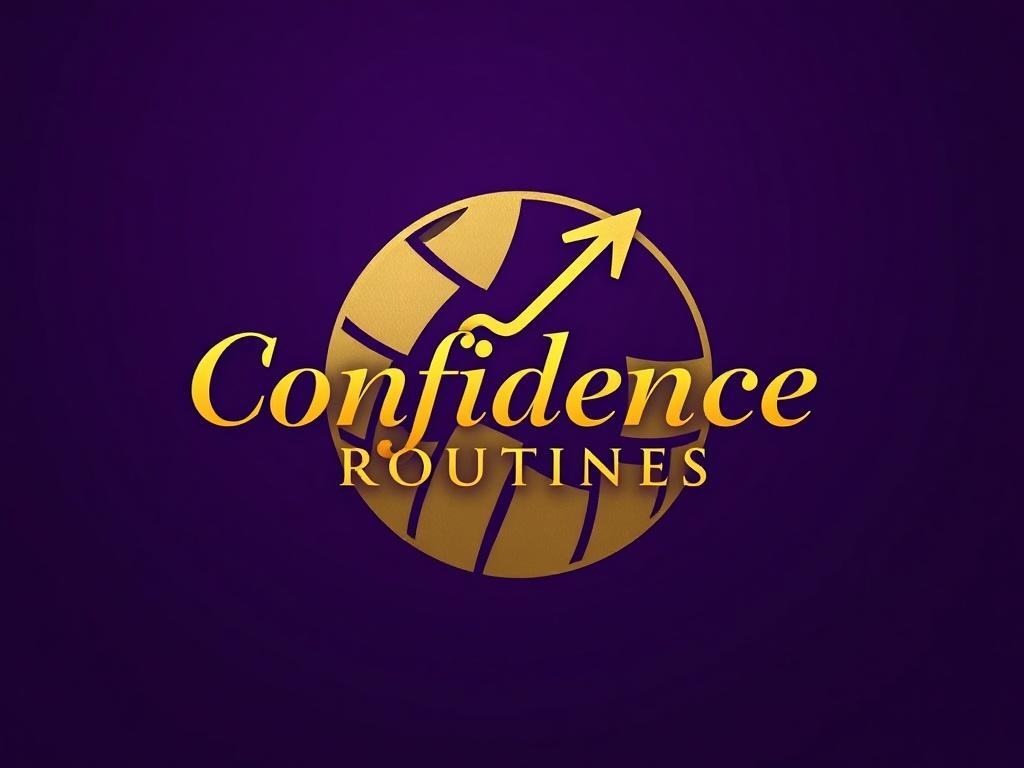 Create a realistic high-resolution image with a dark purple solid background. In the center, place a gold circle shaped volleyball silhouette. Inside the volleyball silhouette, include a rising arrow that symbolizes growth and progress. The image should be labeled with the words 'Confidence Routines' in elegant gold letters, prominently displayed to convey the theme of confidence in volleyball training.