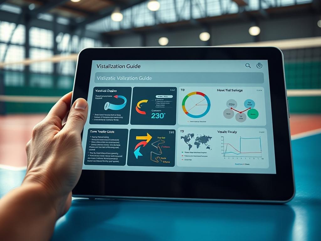 A hyper-realistic close-up of a digital tablet displaying a visualization guide, with colorful graphics and diagrams, set against a backdrop of a volleyball court. The lighting is bright and engaging, drawing attention to the tablet's screen.