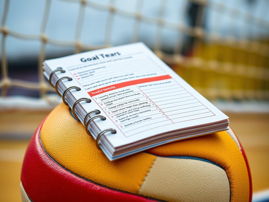 A hyper-realistic close-up of a goal-setting journal with inspirational quotes and goal-tracking pages, placed on a vibrant volleyball. The background features a blurred image of a volleyball net, creating a dynamic and sporty vibe.