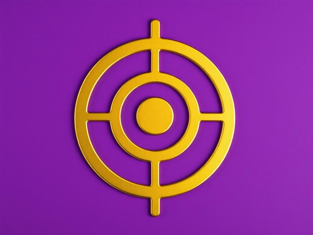 A gold bullseye silhouette emoji centered on a rich purple background. The silhouette should be clearly defined with a glossy finish, giving it a vibrant and eye-catching appearance. The purple background should be smooth and uniform, providing a stark contrast to the gold silhouette. The composition should be simple, focusing solely on the bullseye emoji.