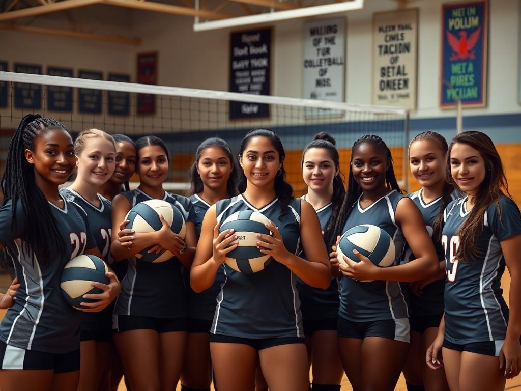 A high school girls volleyball team gathered together in a gymnasium, showcasing teamwork and determination. The focus is on a diverse group of athletes, wearing their team uniforms, standing together with volleyballs in hand. The gymnasium background features volleyball nets and motivational posters on the wall, creating an energetic and inspiring atmosphere. The composition captures the close-up of their faces, displaying confidence and focus, shot with a 45mm f/1.2 lens.