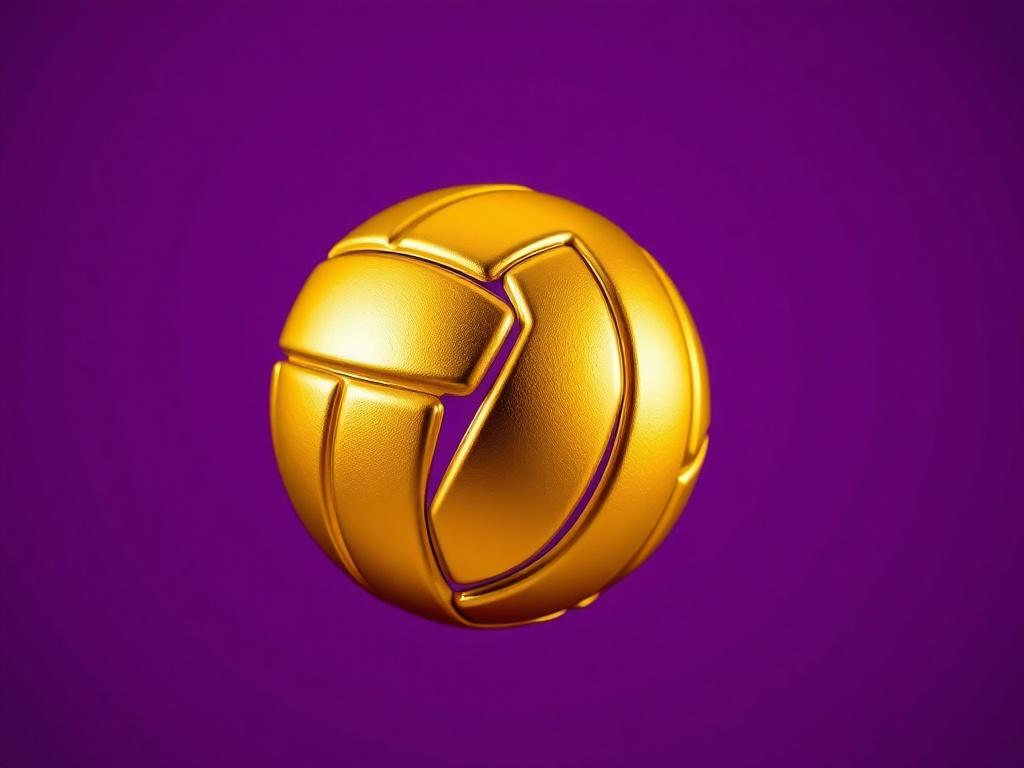 Create a high-resolution photo of a gold volleyball silhouette against a vibrant purple background. The composition should be simple and clear, emphasizing the volleyball silhouette as the central subject. The silhouette should be shiny and reflective, capturing the light beautifully, while the purple background should be rich and deep, creating a striking contrast. Ensure the focus is sharp and the image has a professional look.