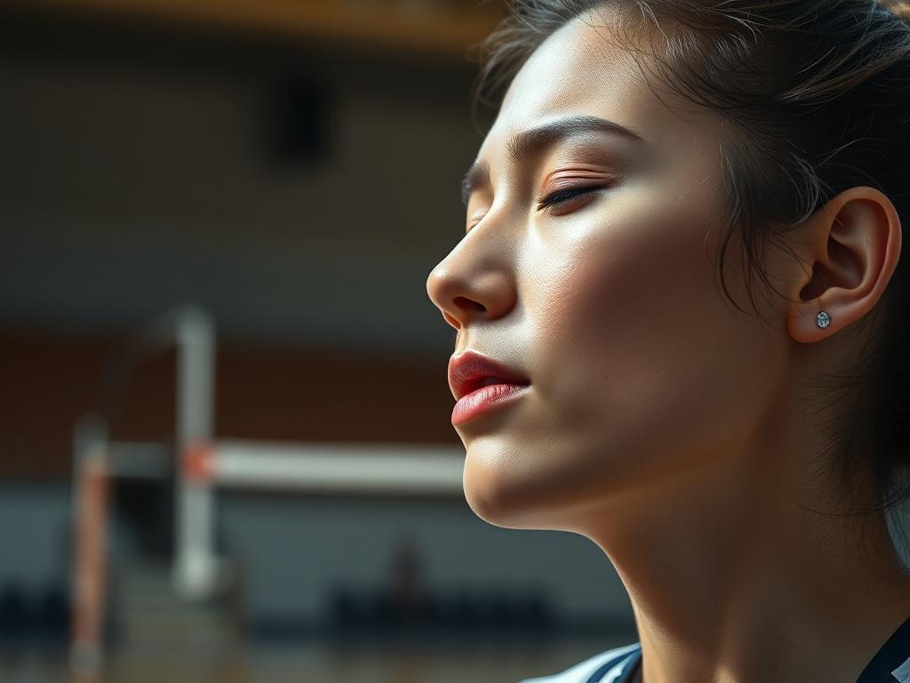 A hyper-realistic close-up of a volleyball player taking a deep breath, eyes closed, in a moment of focus and emotional regulation. The background is a volleyball court with soft lighting, creating a serene and concentrated atmosphere that emphasizes the player's internal mastery and calmness.