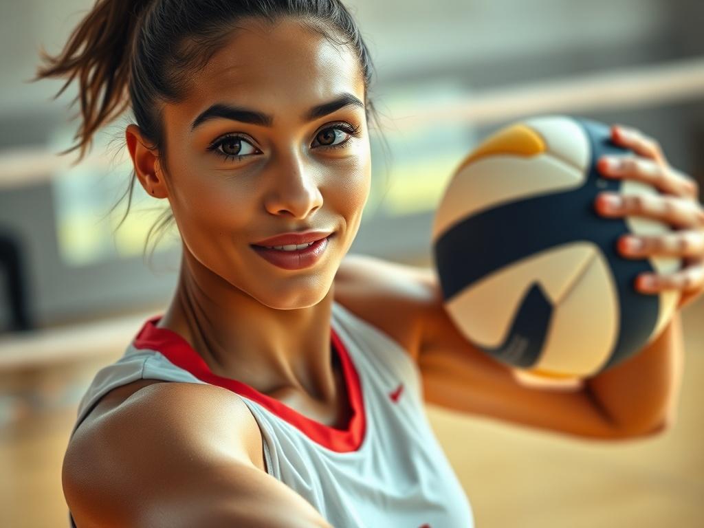 A close-up shot of a confident volleyball player in mid-action, with a focused expression, holding a volleyball in a dynamic pose. The background features a blurred volleyball court, emphasizing the athlete's determination and readiness. The lighting highlights the player's features, showcasing the intensity of their confidence and focus, captured in hyper-realistic detail.