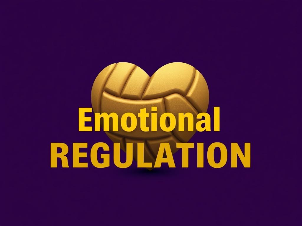 Create a high-resolution image featuring a dark purple solid background. In the center, place a gold heart-shaped silhouette of a volleyball. Overlay the silhouette with the bold gold letters spelling 'Emotional Regulation'. The composition should be simple and focused, highlighting the heart-shaped volleyball as the main subject, with a smooth and elegant finish.