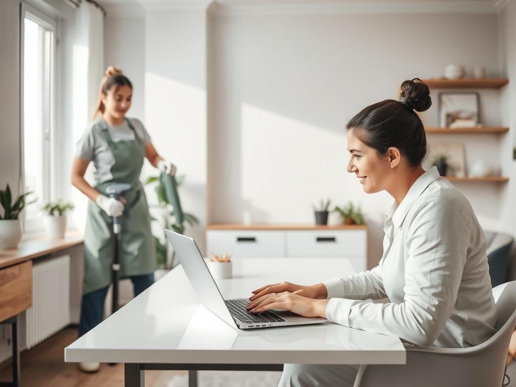 A realistic high-resolution photo depicting a cleaning lady diligently cleaning a room while a homeowner works at her desk. The cleaning lady is focused and professional, using cleaning supplies and a vacuum cleaner. The homeowner is seated at a modern desk with a laptop open, appearing engaged in work. The background features a well-lit, tidy room with natural light streaming through a window, emphasizing a serene and productive atmosphere.