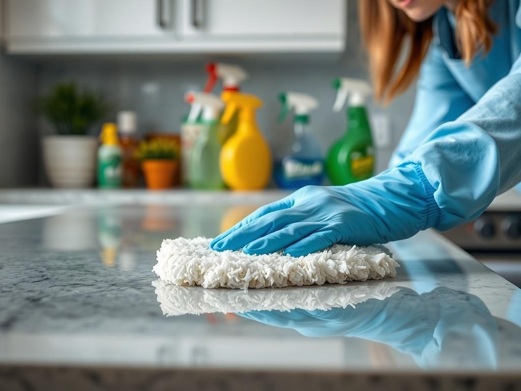 A close up shot of a cleaner scrubbing a kitchen