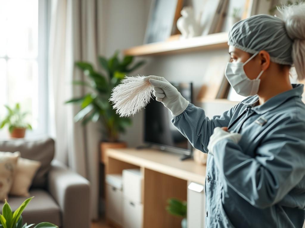 A close up shot of a professional cleaner dusting a