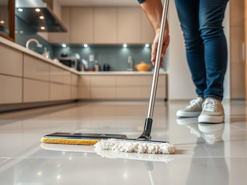 A close-up shot of a professional cleaner scrubbing a tile floor, showcasing the focus and effort involved in deep cleaning. The background includes a gleaming kitchen with sparkling countertops and neatly arranged utensils. The image highlights the transformation of the space as a result of deep cleaning, emphasizing the shine and cleanliness of the surfaces.