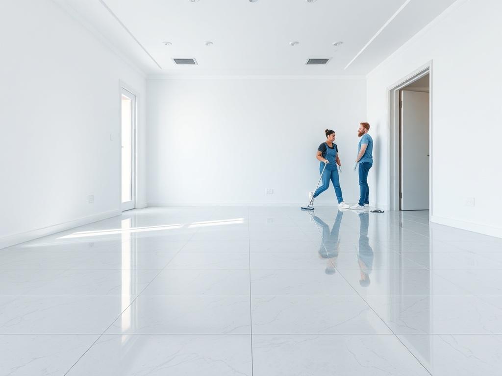 A close-up shot of a freshly cleaned empty room, showcasing sparkling floors and pristine walls. A team of cleaners can be seen in the background, ensuring every detail is attended to. The focus is on the cleanliness of the space, emphasizing the importance of a fresh start in a new home.