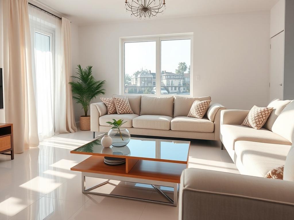 A close-up shot of a beautifully cleaned living room with bright natural light streaming in through the window. The furniture is arranged neatly, showcasing a clean coffee table with a plant and a decorative item. The floor is spotless, and the curtains are freshly laundered. The focus is on the cleanliness and organization of the space, emphasizing a feeling of comfort and tranquility.