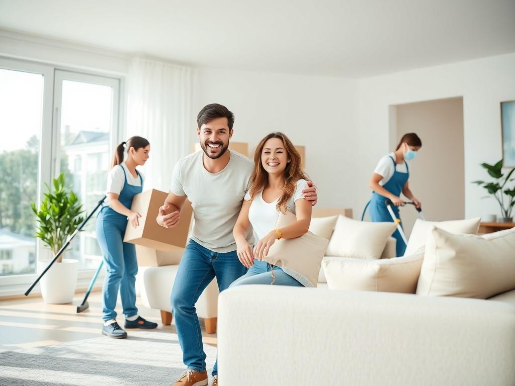 A couple moving furniture in a bright, clean living room while professional cleaners are actively cleaning the space. The couple is smiling and working together, showcasing teamwork and joy in the process. The cleaners are using modern cleaning tools and equipment, demonstrating efficiency and professionalism. The background features well-lit windows with sunlight streaming in, highlighting a fresh and welcoming atmosphere. The composition should have a simple and clear focus on the couple and cleaners, wit
