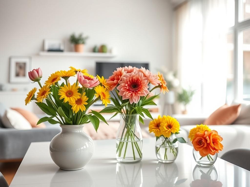 A close-up shot of a beautifully organized living room, showcasing gleaming surfaces, fresh flowers on a table, and a bright, airy atmosphere. The focus is on cleanliness and order, shot with a 45mm f/1.2 lens. The colors in the image should be vibrant, with a primary color of rgb(4, 128, 50) subtly incorporated.