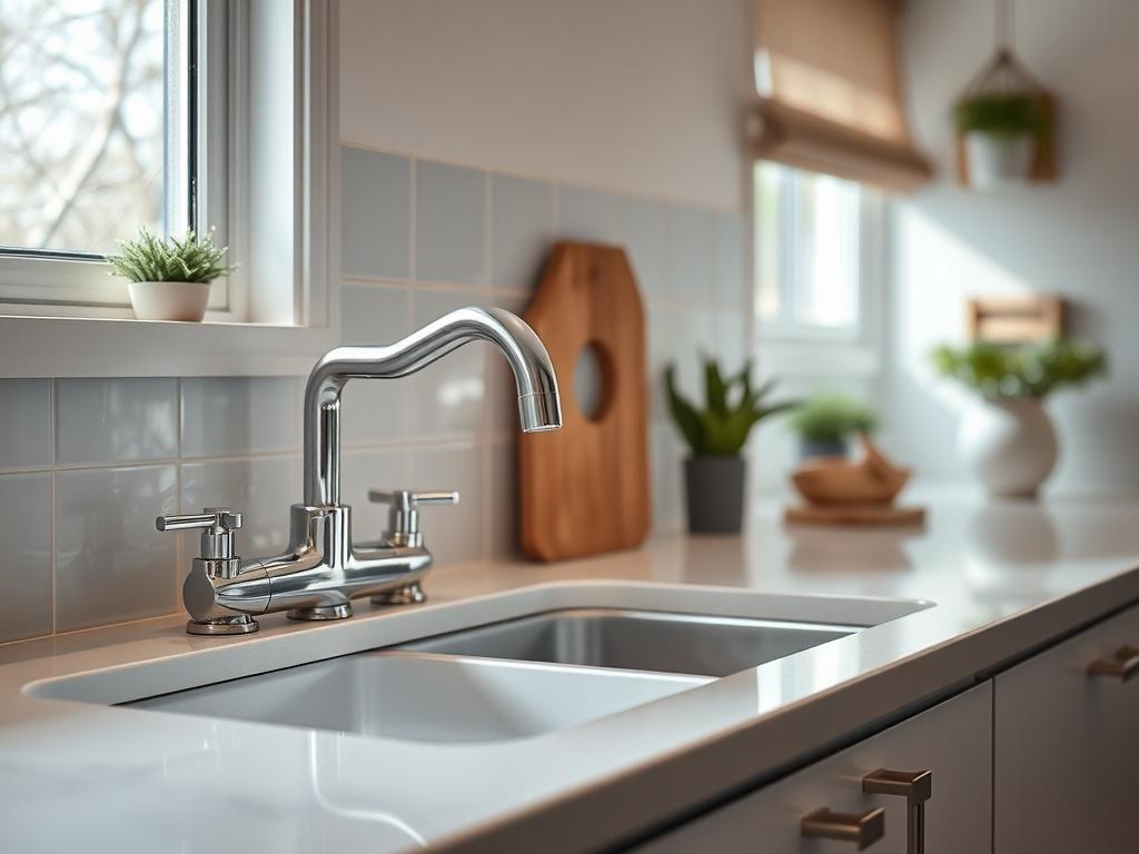 A close-up shot of a kitchen sink area shining after a deep clean, showcasing sparkling fixtures, clean countertops, and a tidy environment. The focus is on cleanliness and hygiene, captured with a 45mm f/1.2 lens. The image should reflect a fresh and inviting atmosphere, featuring the primary color of rgb(4, 128, 50) subtly within the decor.