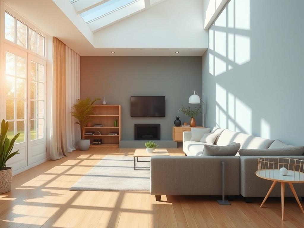 A close-up shot of a freshly cleaned empty living room with sunlight streaming through clean windows, highlighting the space's cleanliness and potential. The focus is on the inviting, open environment, captured with a 45mm f/1.2 lens. The primary color of rgb(4, 128, 50) should be subtly integrated into the decor elements.