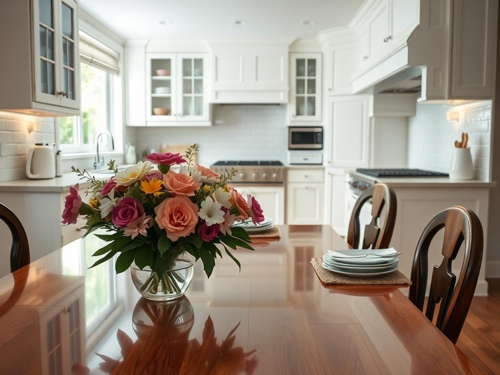 A pristine kitchen with gleaming countertops, organized cabinets, and spotless appliances. The focus is on a beautifully arranged dining table with fresh flowers. The scene conveys a clean and inviting atmosphere, with natural light highlighting the polished surfaces, all captured in hyper-realistic detail with a 45mm f/1.2 lens.
