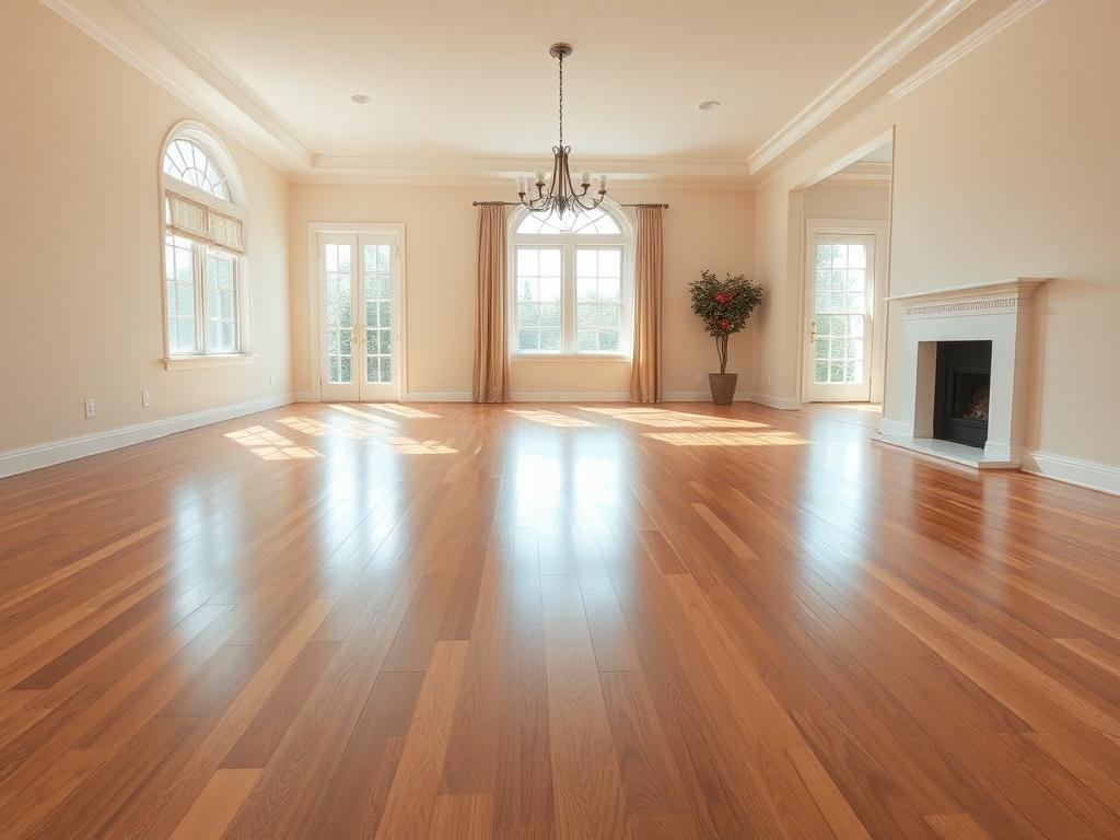 An empty, clean living room with freshly polished hardwood floors and sparkling windows. The focus is on a bright and welcoming atmosphere, showcasing the potential of the space. The composition captures the essence of a new beginning, with a hyper-realistic style, shot with a 45mm f/1.2 lens.