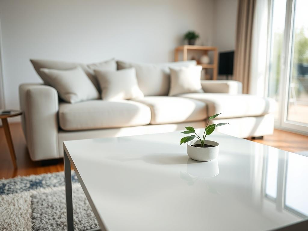 A bright and airy living room featuring a neatly arranged sofa, clean surfaces, and a hint of sunlight filtering through the window. The focus is on a sparkling coffee table with a fresh plant on it, conveying a sense of cleanliness and comfort. The background includes a small bookshelf and a well-kept rug, all in a hyper-realistic style, shot with a 45mm f/1.2 lens.