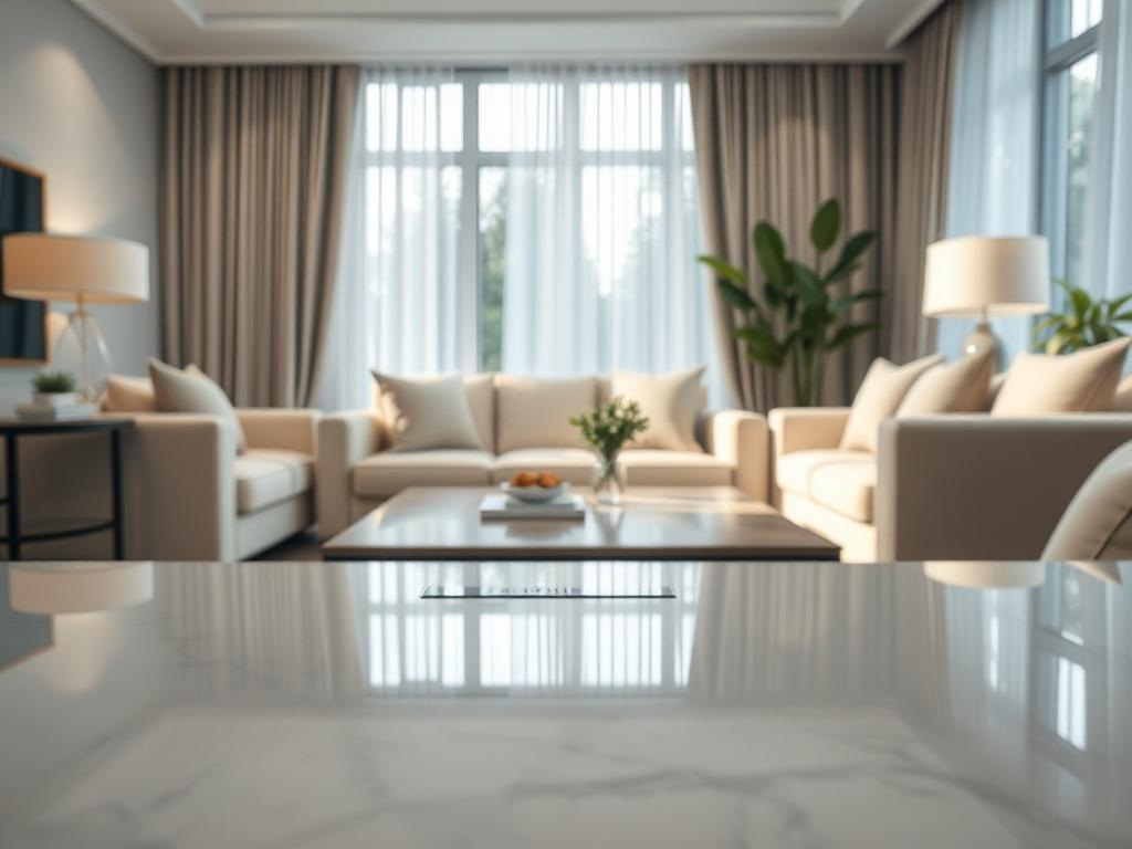 A hyper-realistic close-up shot of a beautifully clean living room, showcasing sparkling surfaces and neatly arranged furniture. The lighting is soft and inviting, highlighting the cleanliness and freshness of the space. The background features a cozy sofa, polished coffee table, and a subtle touch of greenery, creating a welcoming atmosphere. The image should evoke a sense of comfort and tranquility.