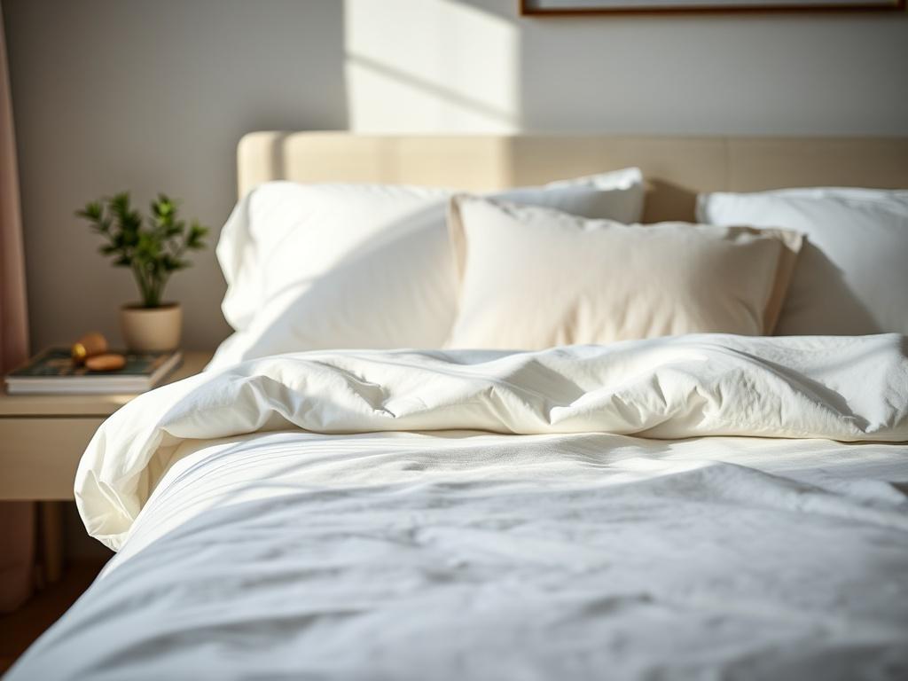A close-up shot of a beautifully made bed in a short-term rental, featuring crisp white linens and decorative pillows. The room is well-lit, showcasing a fresh and inviting atmosphere. The background should include a neatly organized bedside table with a small plant and a book, enhancing the cozy feel of the space. The overall composition should be simple and clear, focusing on the bed to convey cleanliness and comfort.