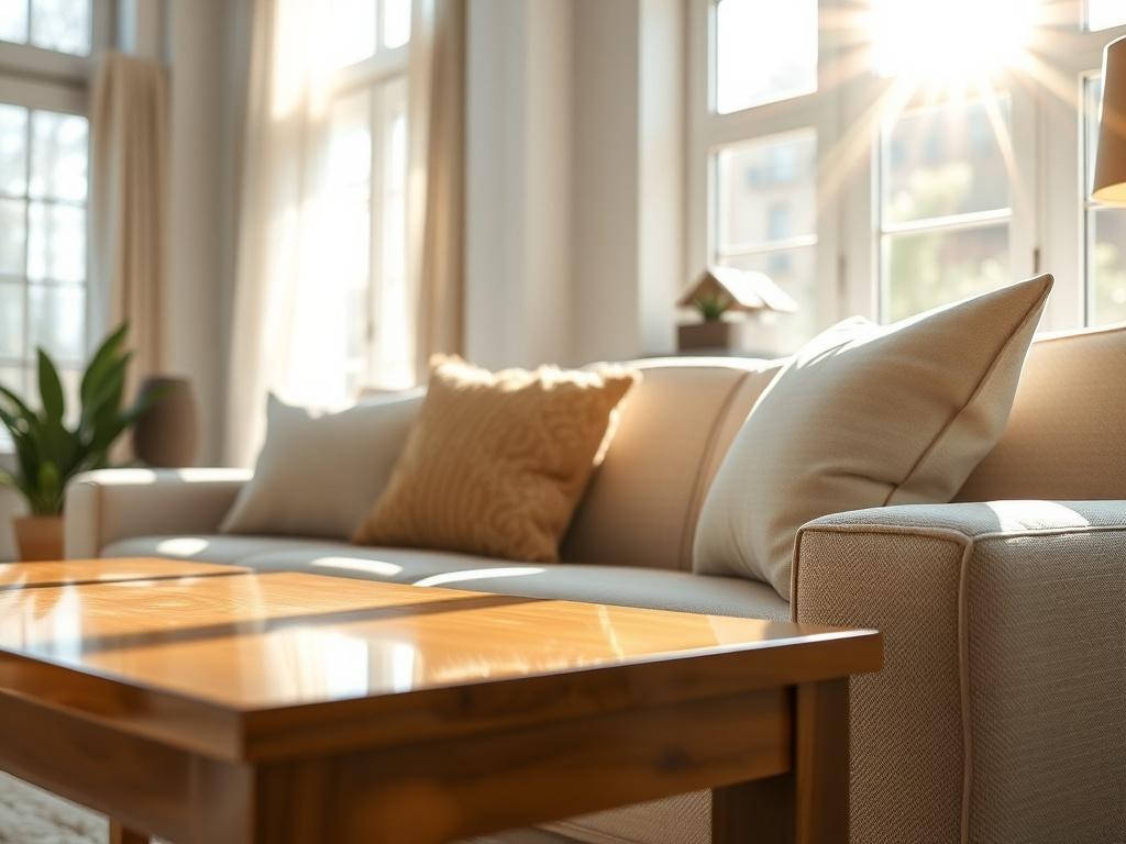 A close-up shot of a sparkling clean living room with sunlight streaming through the windows. The room features a comfortable sofa, neatly arranged pillows, and a polished coffee table. The background shows a bright and airy ambiance, emphasizing cleanliness and freshness. The image should convey a sense of warmth and inviting comfort.