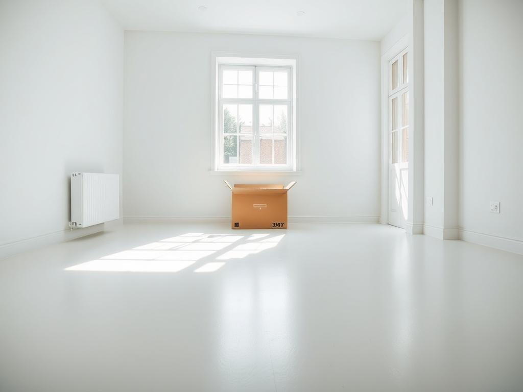 A close-up shot of a clean, empty room with sunlight flooding through the windows. The walls are freshly painted, and the floor is spotless, conveying a sense of new beginnings. A moving box sits in the corner, hinting at the transition, while the overall image evokes a feeling of freshness and readiness.