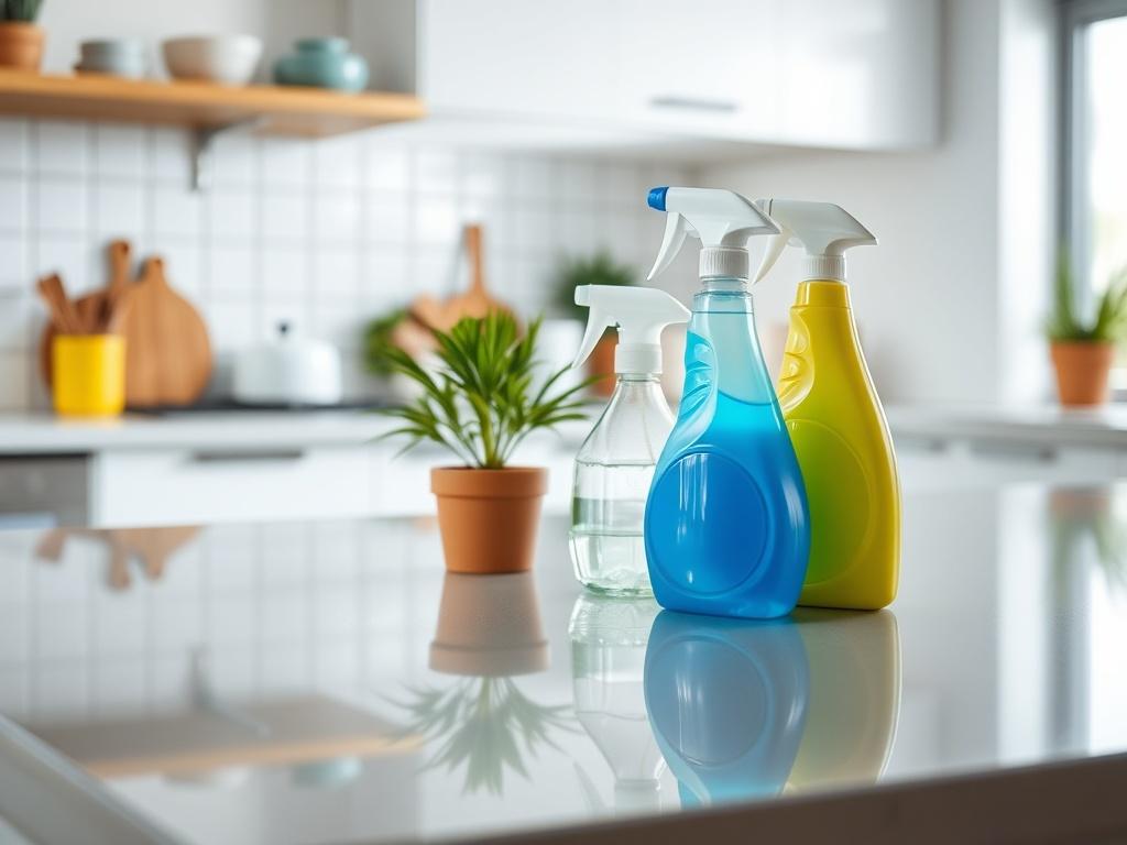 A close-up shot of a shiny kitchen countertop with cleaning supplies neatly arranged next to it. The countertop showcases spotless surfaces, and a small potted plant adds a touch of green. The background highlights a well-organized and clean kitchen space, conveying a sense of freshness and cleanliness.
