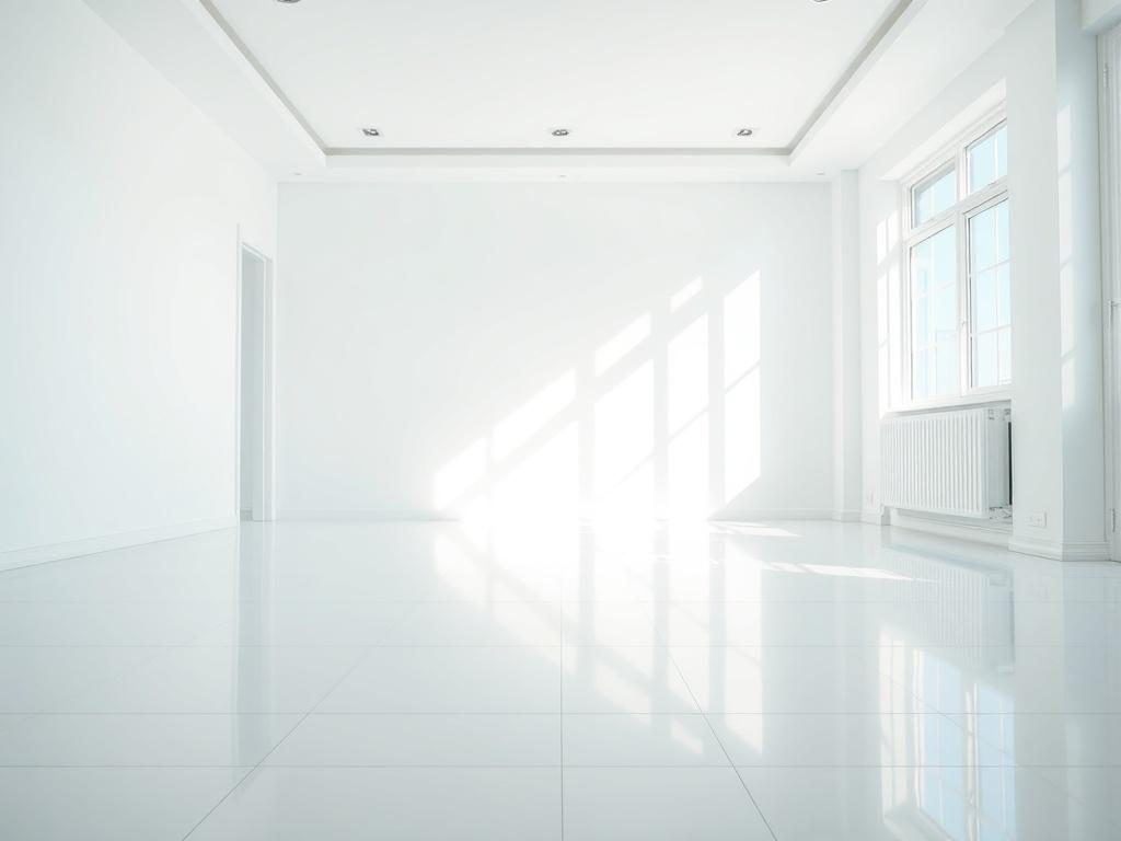 A close-up shot of a freshly cleaned empty room with sunlight pouring in, showcasing the gleaming floors and pristine walls. The focus is on the clean space, emphasizing the idea of a new beginning. Shot with a 45mm f/1.2 lens style.