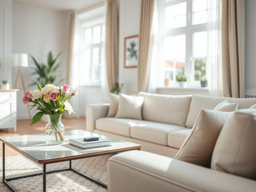 A close-up shot of a clean, sparkling living room with sunlight streaming in through the windows. The focus is on a well-arranged sofa and a neatly organized coffee table with a vase of fresh flowers. The background is soft, highlighting the cleanliness and inviting atmosphere. Shot with a 45mm f/1.2 lens style.