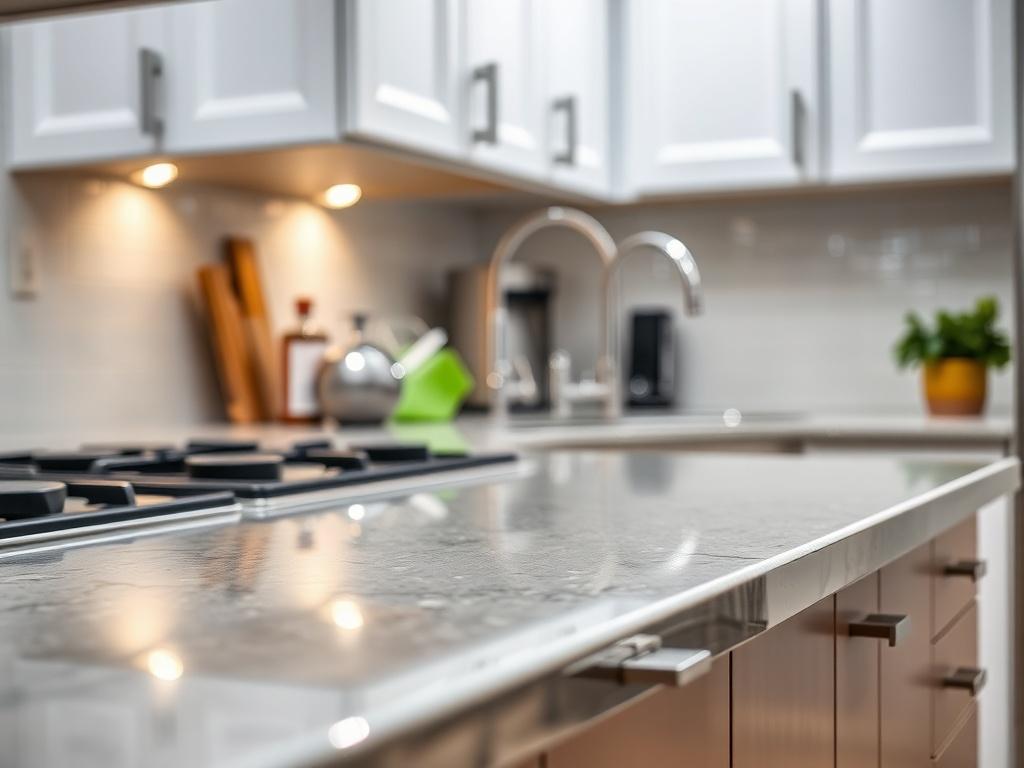 A close-up shot of a sparkling kitchen countertop with gleaming appliances, showcasing the results of a deep cleaning process. The background is blurred but shows cabinets and a clean sink, emphasizing the overall freshness and cleanliness of the space. Shot with a 45mm f/1.2 lens style.