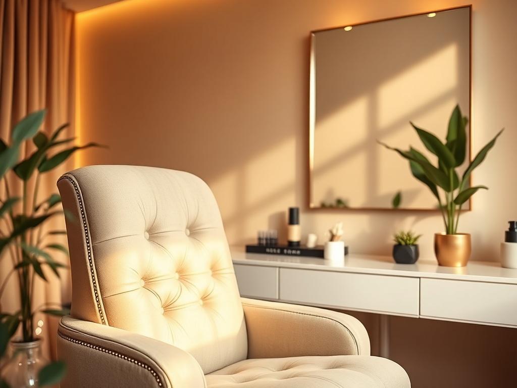 A serene beauty studio setting in soft, golden lighting