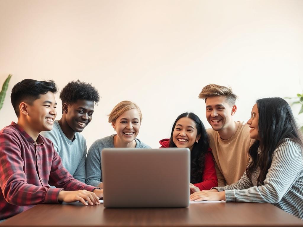 A joyful group of diverse students participating in an online