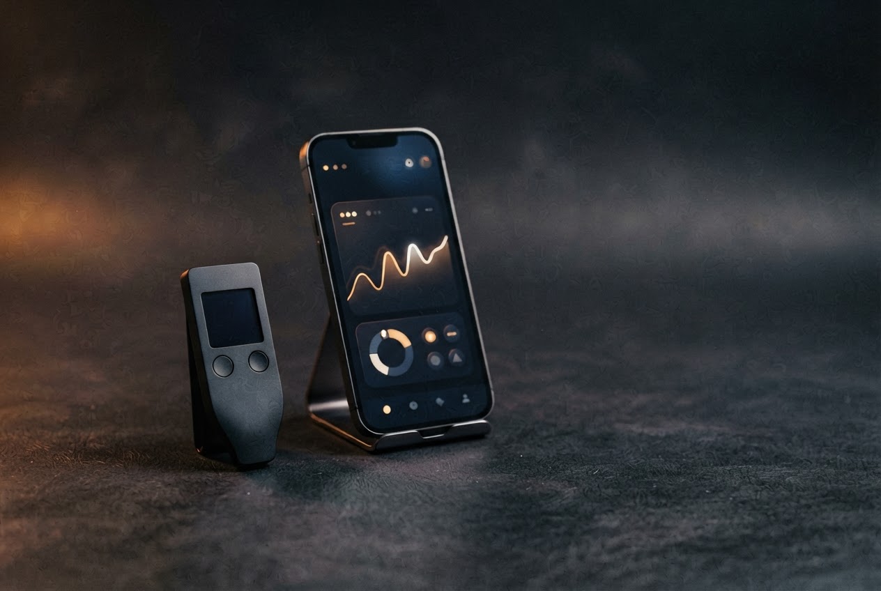 Hardware wallet and smartphone displaying a cryptocurrency portfolio