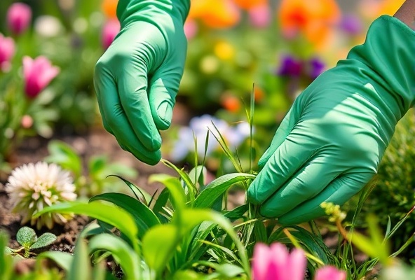 Hands pulling weeds from garden bed