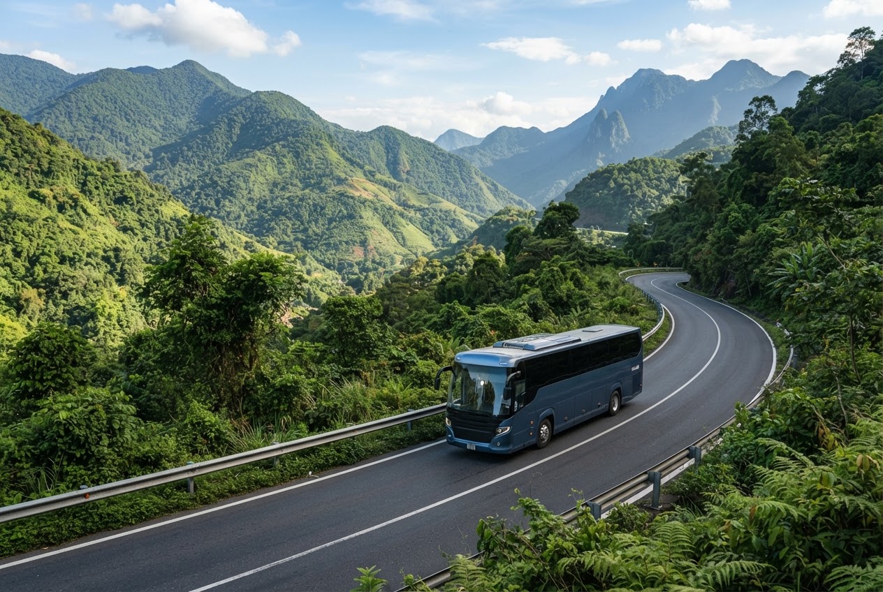 Xe khách chạy trên cung đường miền Trung Việt Nam