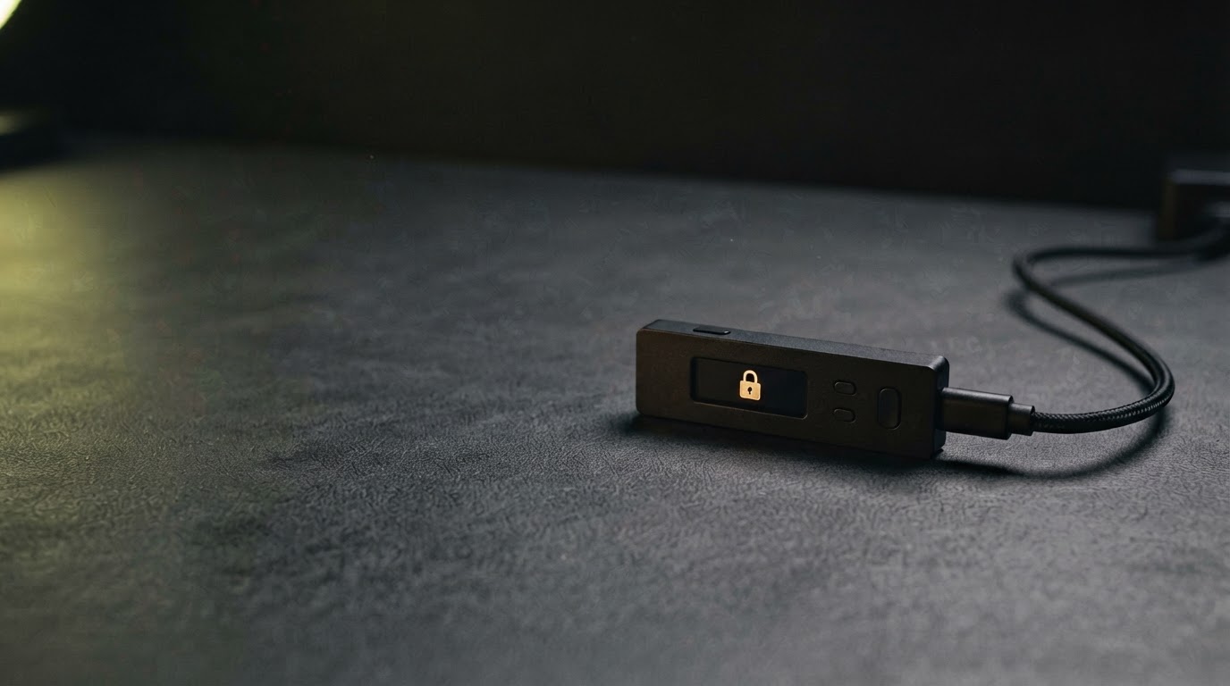 An unbranded hardware wallet device on a softly lit dark tabletop