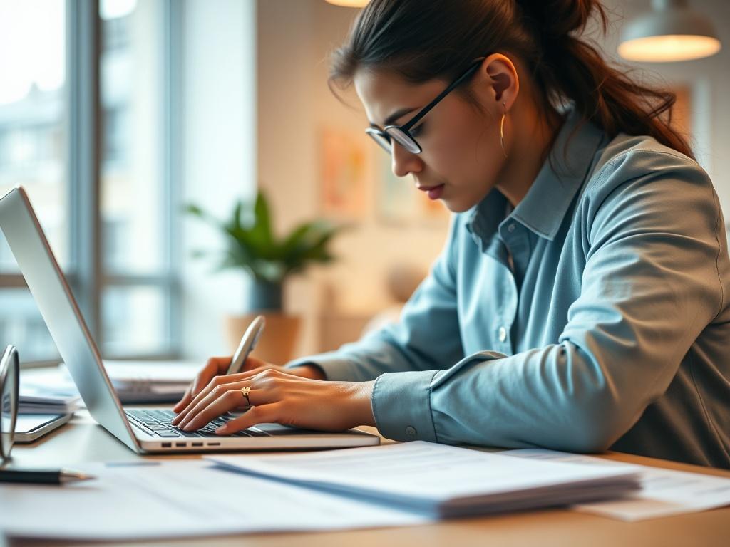 A close-up shot of a focused professional working on a laptop, surrounded by neatly organized papers and documents. The setting is a bright, modern office with a soft blur of the background, emphasizing the individual’s concentration on the task of writing a report. The lighting is warm and inviting, creating a productive atmosphere. The color scheme incorporates soft blues and whites, aligning with an RGB of (2, 86, 197) for visual harmony.