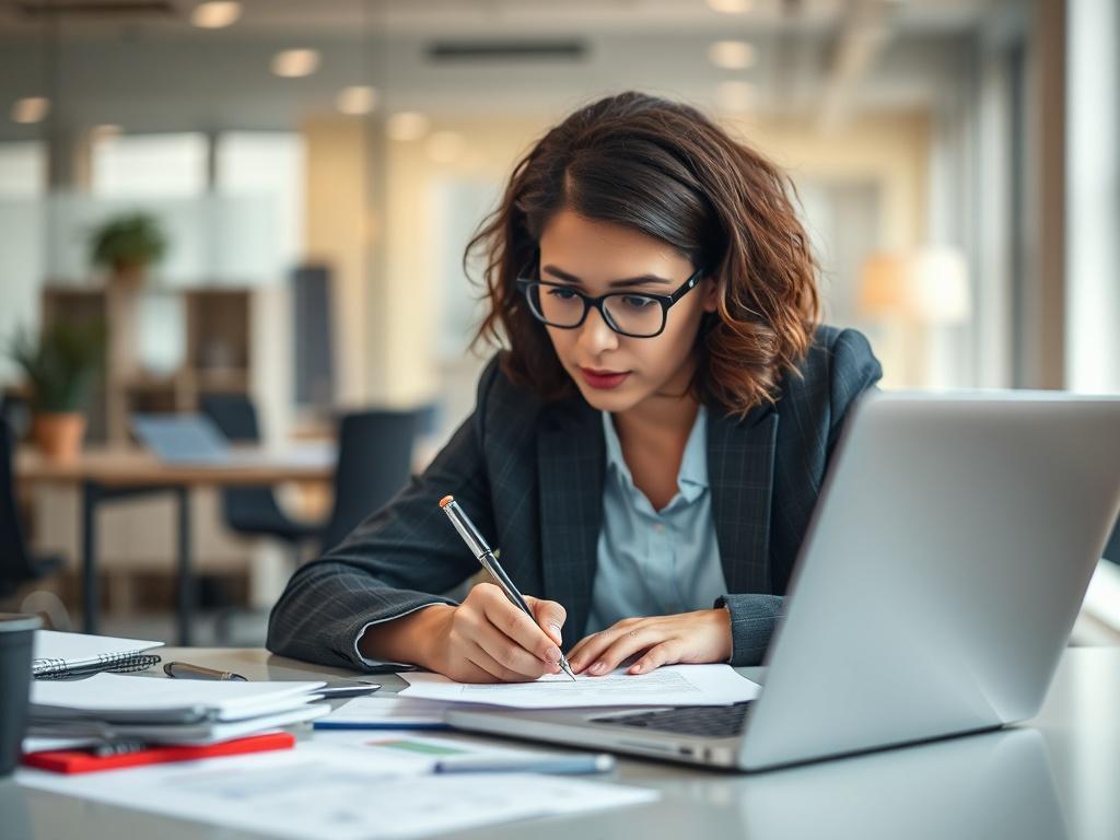 A professional setting showcasing a focused individual engaged in writing