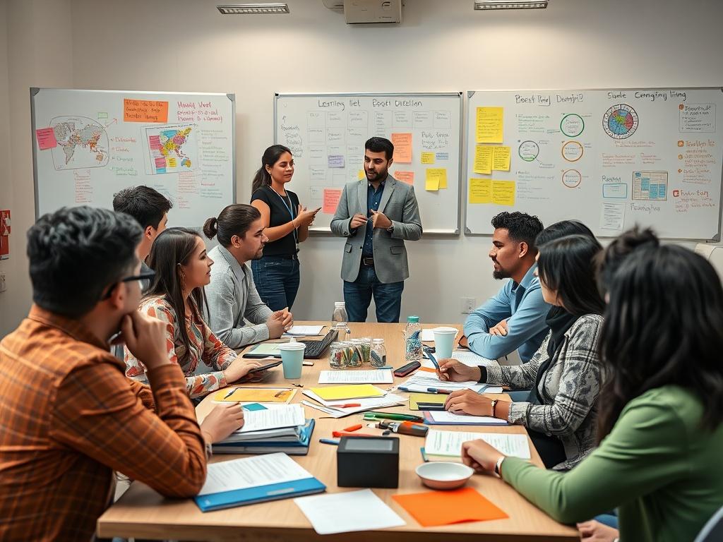 A vibrant workshop setting with a diverse group of participants engaged in a discussion, seated around a table filled with learning materials and tools. A facilitator stands at the front, actively engaging with the group. The background features a whiteboard with colorful notes and diagrams, illustrating the interactive nature of the workshop.