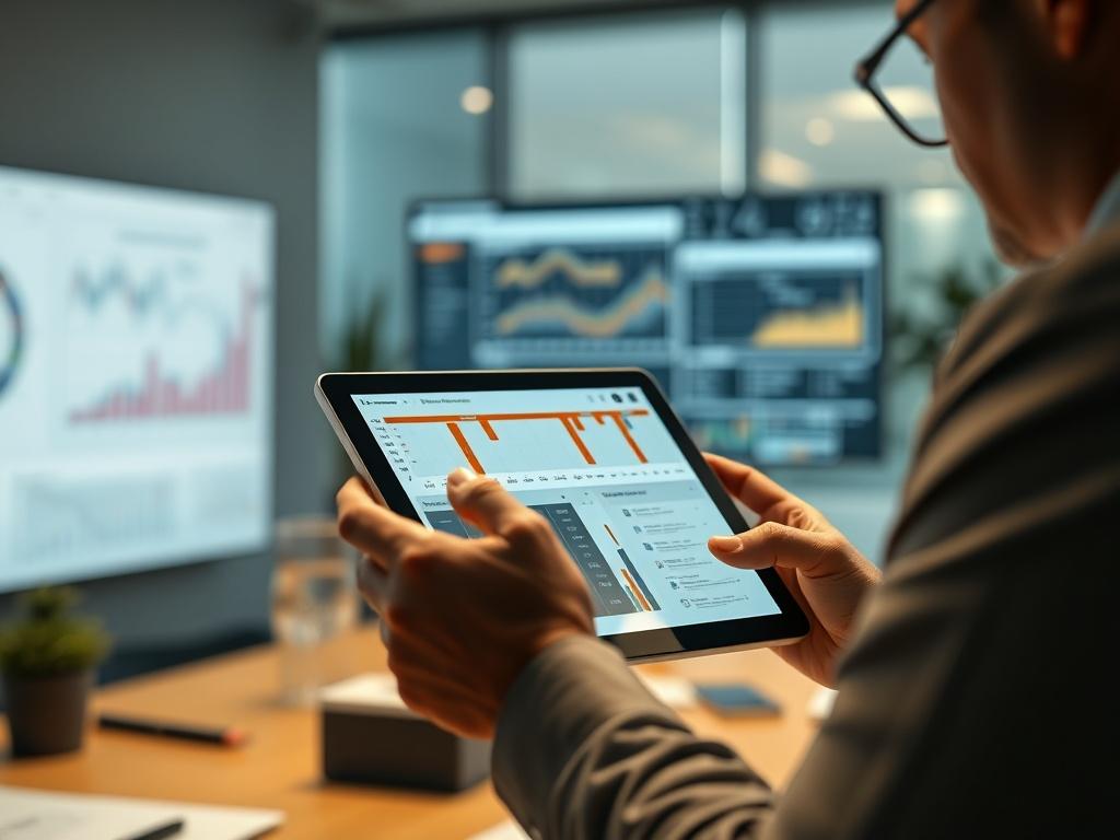 A focused project manager reviewing a project timeline on a digital tablet, surrounded by charts and graphs on a screen. The setting is a modern office with a collaborative atmosphere. Soft light highlights the manager's concentration and the organized workspace, reflecting professionalism and strategic planning.