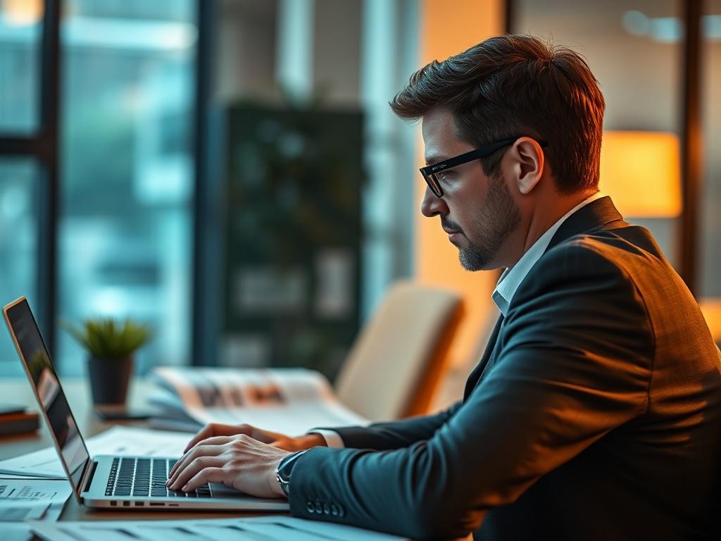 A close-up shot of a professional consultant working on a laptop, surrounded by documents and proposal drafts, with a focused expression. The background is a soft blur of an office environment, showcasing a well-organized workspace. The lighting is warm and inviting, emphasizing the consultant's dedication and attention to detail.