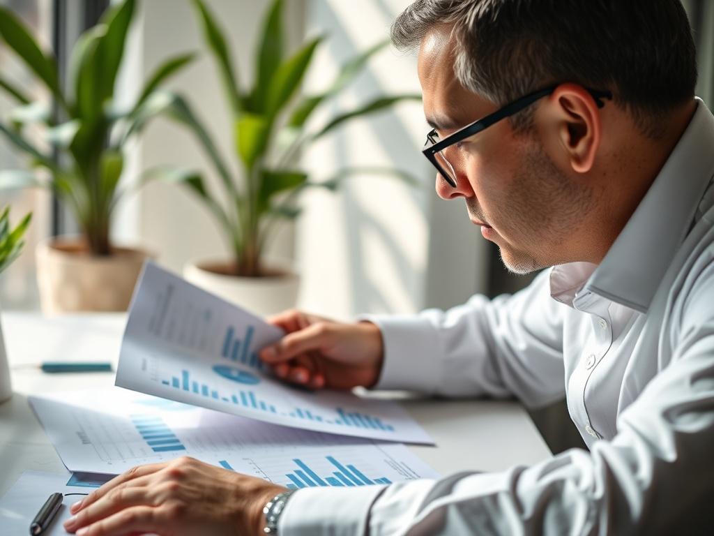 A realistic high-resolution close-up of a professional consultant reviewing a detailed report in a bright office setting. The consultant is focused, with documents spread across a clean desk, showcasing graphs and charts. Soft natural light comes through the window, creating a warm atmosphere. The background is blurred to emphasize the subject, with a hint of green plants to signify growth and development.