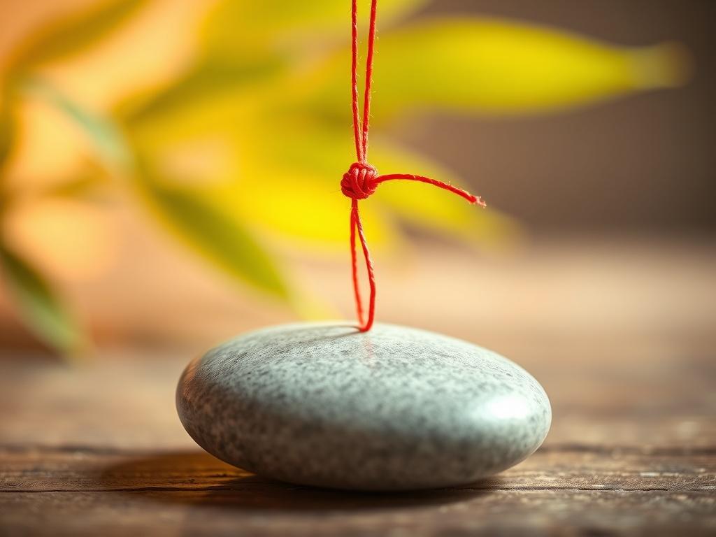 Create a realistic high-resolution photo that reflects the concept of "Understanding the Red String Protection Practice." Center the composition around a single, delicate red string gently draped over a serene, smooth stone or crystal, symbolizing protection and energy cleansing. Ensure the string is vibrant and stands out against the muted tones of the stone, evoking a sense of strength and personal shielding.

The background should be softly blurred and feature natural elements like blurred green leaves o