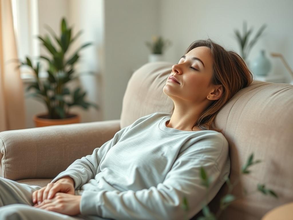 A peaceful home setting with a person relaxing on a couch, eyes closed, during a remote energy session, surrounded by soft colors and natural elements.
