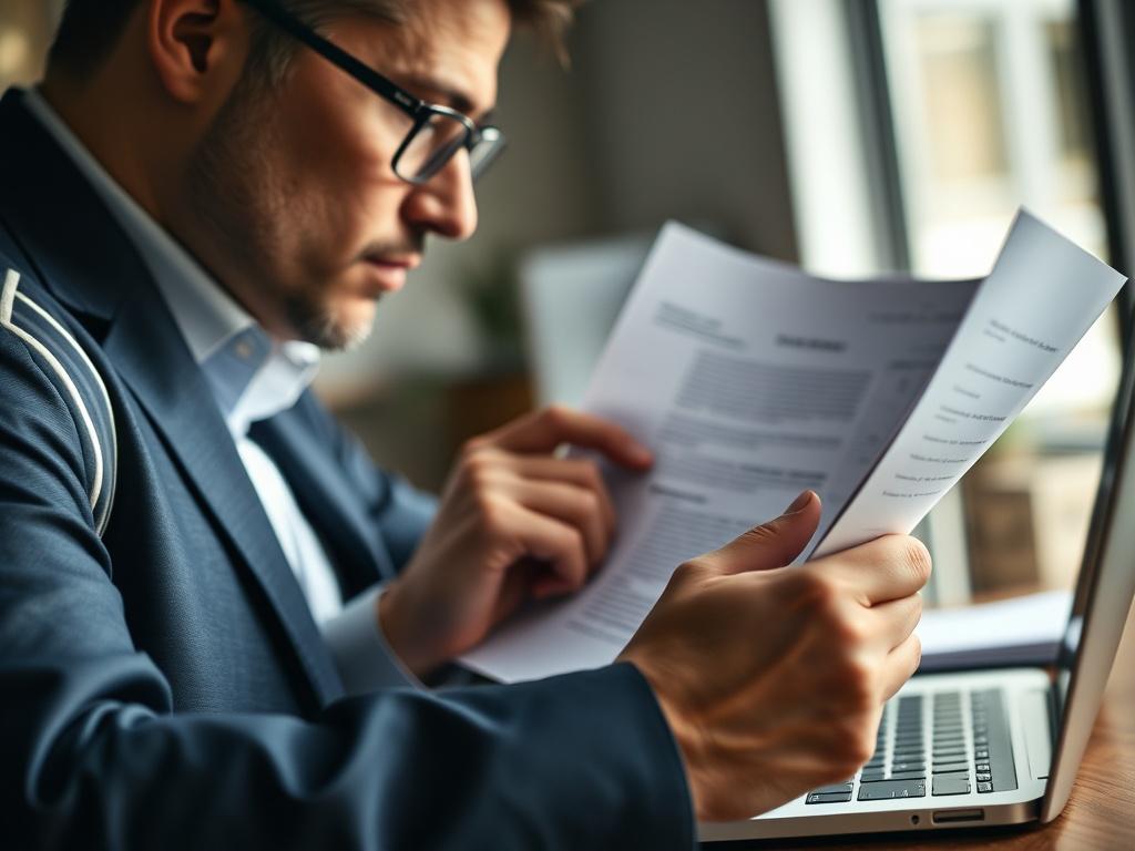 A professional, close-up shot of a business professional analyzing real estate documents with a laptop open in the background. The scene should convey a sense of focus and determination, with natural lighting that highlights the details of the documents and the individual. The background should be softly blurred to emphasize the subject, while still being relevant to the financial industry. Use deep navy blue and muted gold tones to align with the branding.