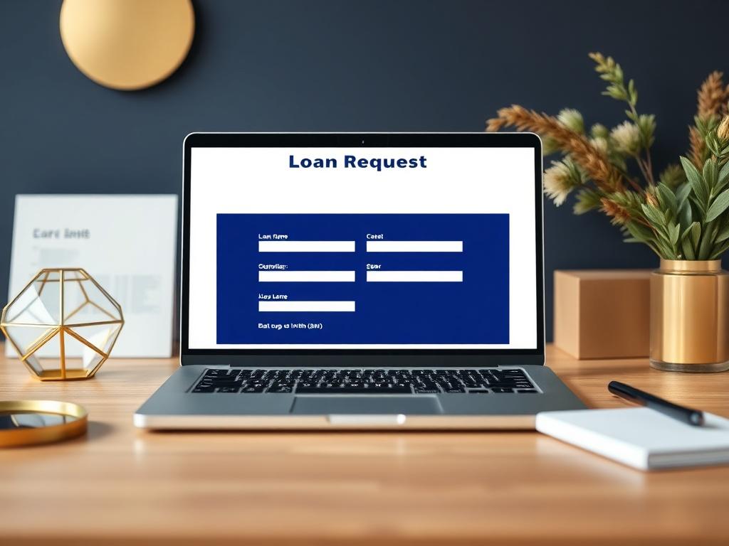 A close-up shot of a professional-looking workspace with a laptop displaying a loan request form. The background is minimalistic, featuring deep navy blue and muted gold accents. The focus is on the laptop screen, highlighting the form fields in a clear, readable manner.