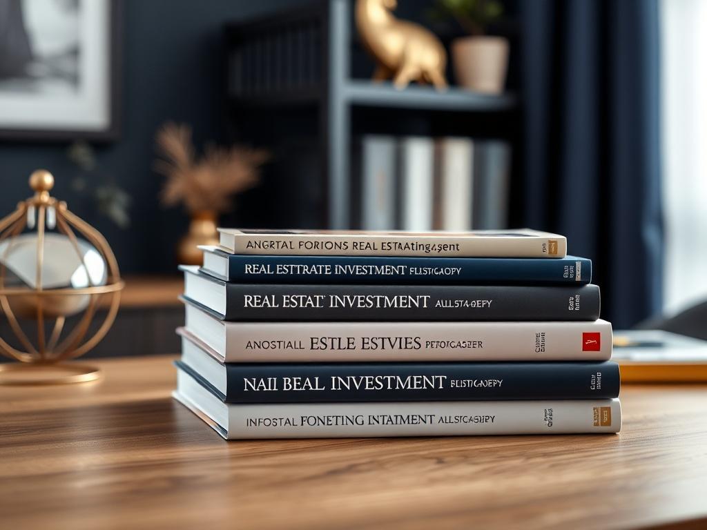 A close-up shot of a stack of educational books on real estate investment, placed on a stylish wooden desk. The background is softly blurred, emphasizing the books with deep navy blue and muted gold elements subtly included in the decor.